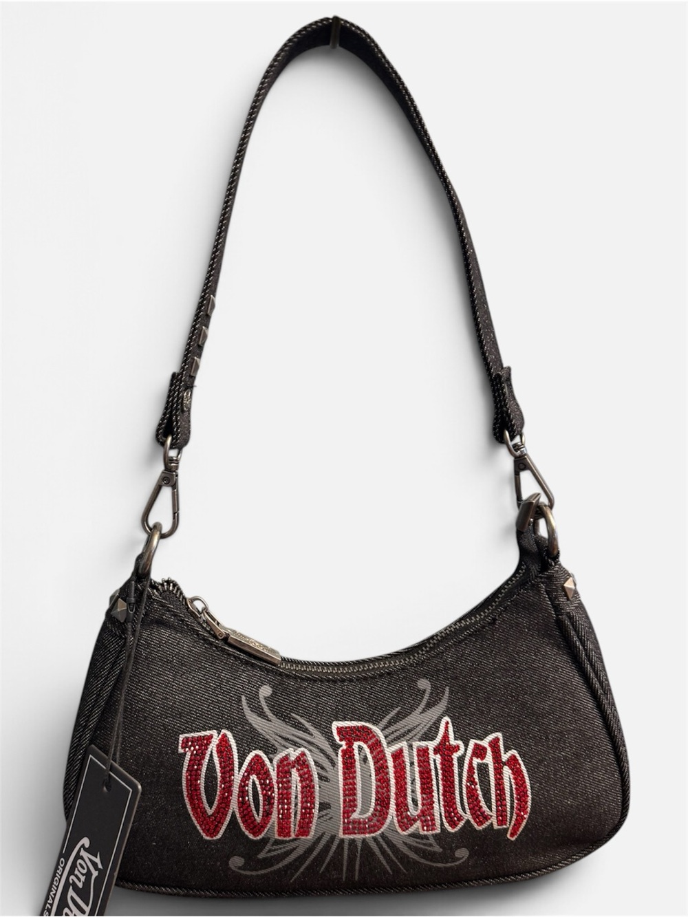 Von Dutch Black Shoulder Bag with Red Rhinestone Logo Embroidery